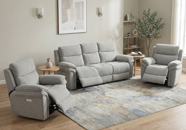 Harrow 3 Seater + Armchair + Armchair Fabric Electric Recliner Sofa Set – Light Grey