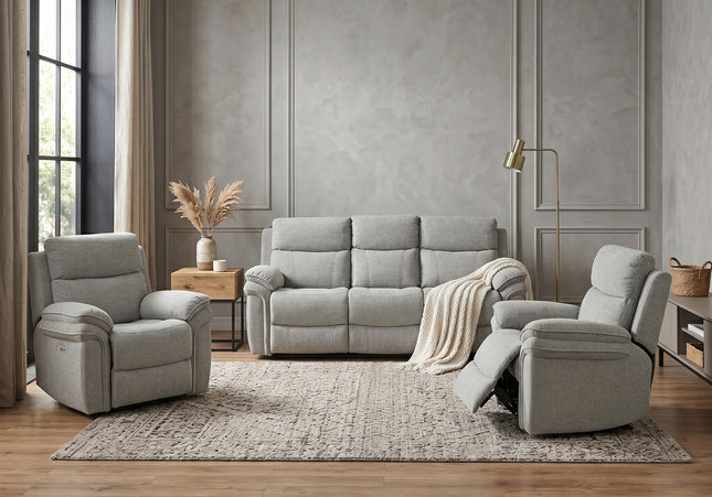 Harrow 3 Seater + Armchair + Armchair Fabric Electric Recliner Sofa Set – Light Grey