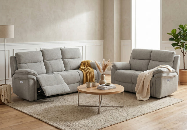 Harrow 3 Seater + 2 Seater Fabric Electric Recliner Sofa Set – Light Grey