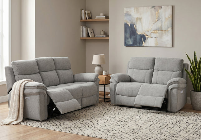 Harrow 3 Seater + 2 Seater Fabric Electric Recliner Sofa Set – Light Grey