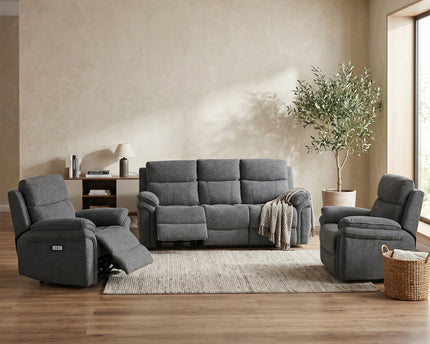 Harrow 3 Seater + Armchair + Armchair Fabric Electric Recliner Sofa Set – Dark Grey