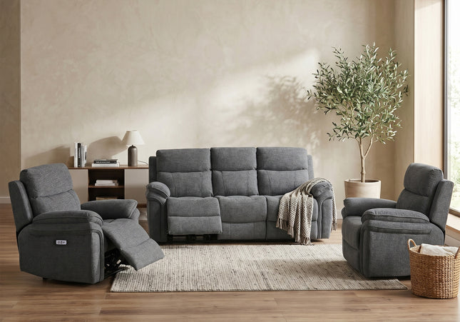 Harrow 3 Seater + Armchair + Armchair Fabric Electric Recliner Sofa Set – Dark Grey