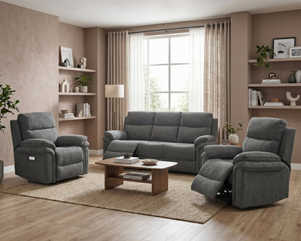 Harrow 3 Seater + Armchair + Armchair Fabric Electric Recliner Sofa Set – Dark Grey