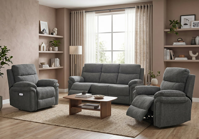Harrow 3 Seater + Armchair + Armchair Fabric Electric Recliner Sofa Set – Dark Grey
