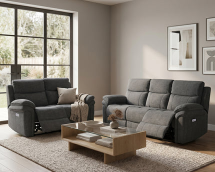 Harrow 3 Seater + 2 Seater Fabric Electric Recliner Sofa Set – Dark Grey