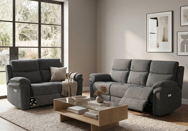 Harrow 3 Seater + 2 Seater Fabric Electric Recliner Sofa Set – Dark Grey