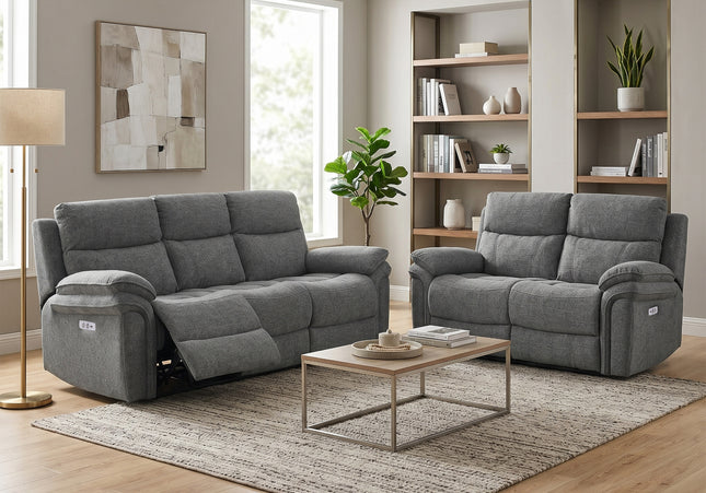 Harrow 3 Seater + 2 Seater Fabric Electric Recliner Sofa Set – Dark Grey