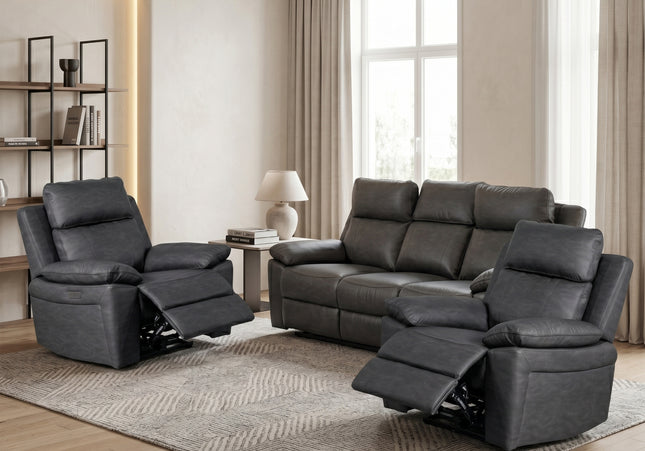Huntington Smart Suite 3 Seater + Armchair + Armchair Fabric Electric Recliner Sofa Set – Dark Grey