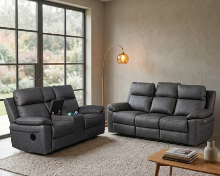 Huntington Smart Suite 3 Seater + 2 Seater Fabric Electric Recliner Sofa Set – Dark Grey