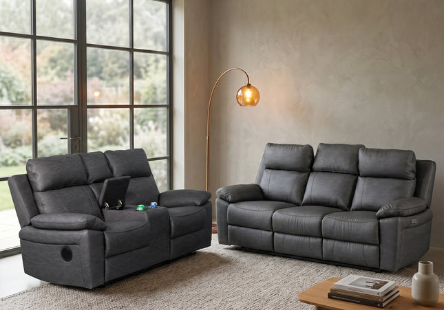 Huntington Smart Suite 3 Seater + 2 Seater Fabric Electric Recliner Sofa Set – Dark Grey