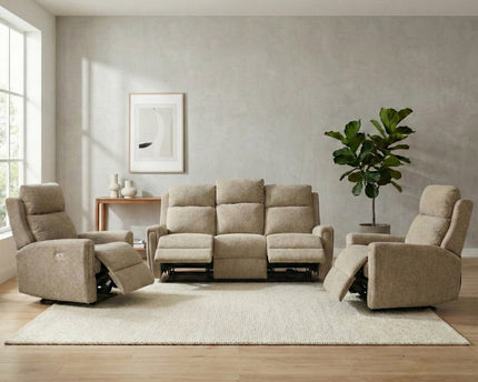 Mayfair 3 Seater + Armchair + Armchair Fabric Electric Recliner Sofa Set – Beige