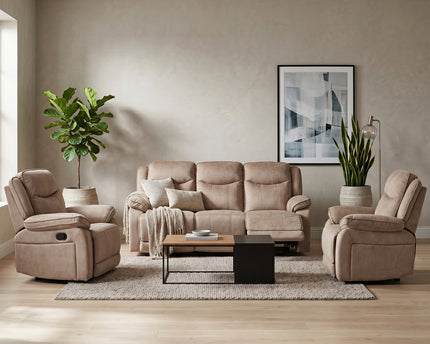 Clayton 3 Seater + Armchair + Armchair Manual Recliner Sofa Set – Light Brown