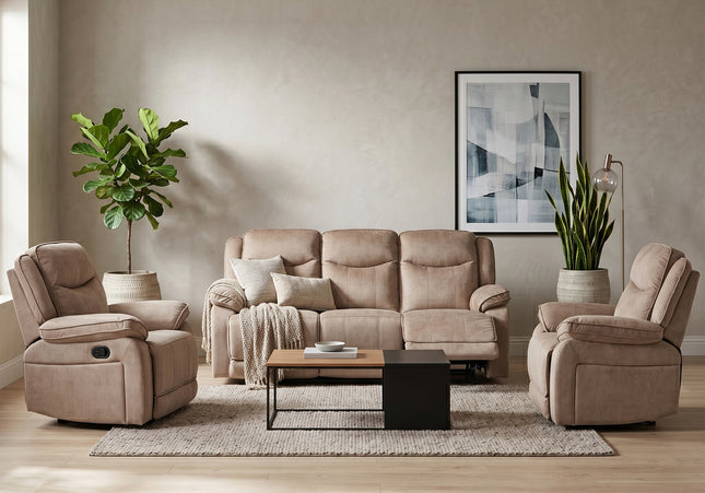 Clayton 3 Seater + Armchair + Armchair Manual Recliner Sofa Set – Light Brown