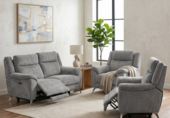 Monroe 3 Seater + Armchair + Armchair Fabric Electric Recliner Sofa Set – Ash