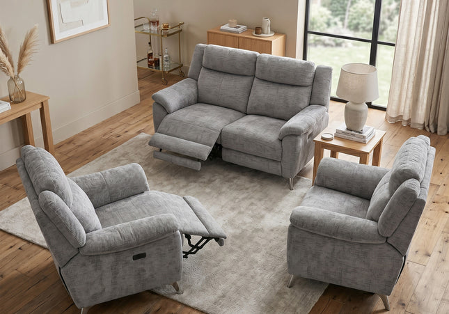 Monroe 3 Seater + Armchair + Armchair Fabric Electric Recliner Sofa Set – Ash