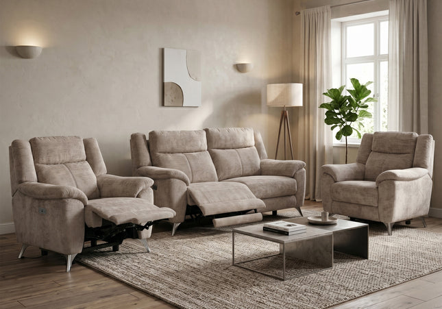 Monroe 3 Seater + Armchair + Armchair Fabric Electric Recliner Sofa Set – Fossil