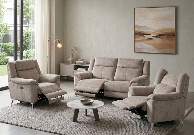 Monroe 3 Seater + Armchair + Armchair Fabric Electric Recliner Sofa Set – Fossil