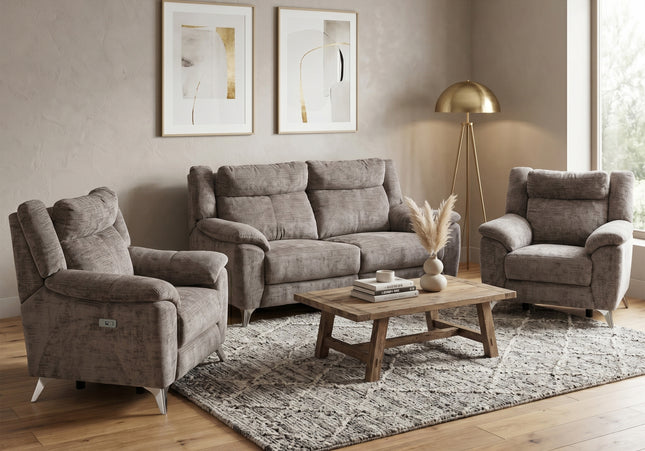 Monroe 3 Seater + Armchair + Armchair Fabric Electric Recliner Sofa Set – Stone