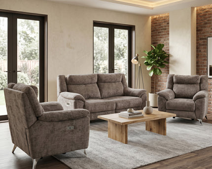 Monroe 3 Seater + Armchair + Armchair Fabric Electric Recliner Sofa Set – Stone