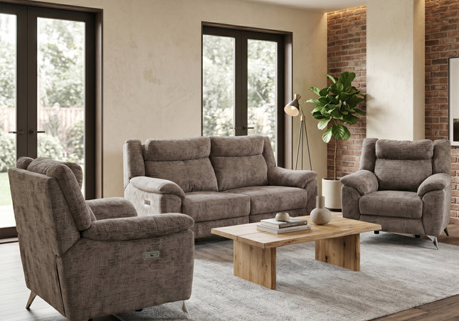 Monroe 3 Seater + Armchair + Armchair Fabric Electric Recliner Sofa Set – Stone
