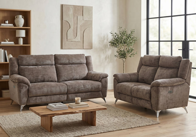 Monroe 3 Seater + 2 Seater Fabric Electric Recliner Sofa Set – Stone