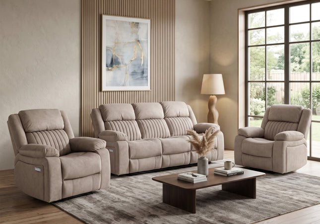 Morgan 3 Seater + Armchair + Armchair Electric Recliner Sofa Set – Taupe