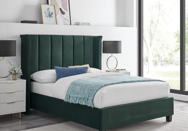 Double or king size emerald green velvet bed with a winged headboard, wooden feet, 