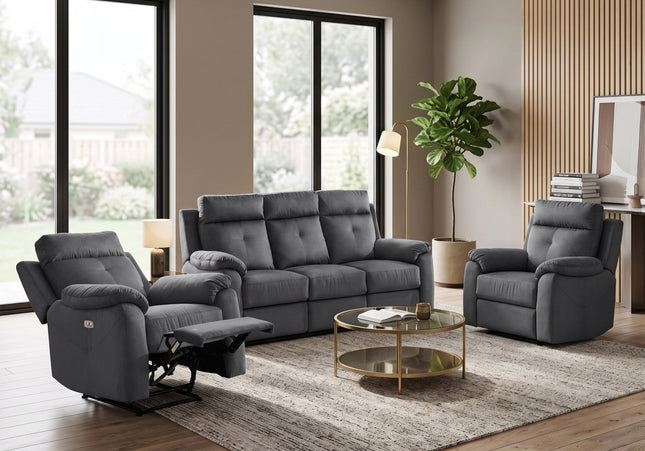 Palermo 3 Seater + Armchair + Armchair Fabric Electric Recliner Sofa Set – Anthracite