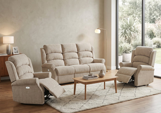 Regency 3 Seater + Armchair + Armchair Fabric Electric Recliner Sofa Set – Rabbit