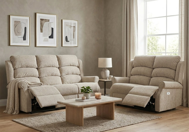Regency 3 Seater + 2 Seater Fabric Electric Recliner Sofa Set – Rabbit
