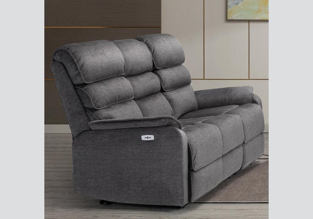 Savoy 3 Seater Power Recliner Set.  A full fabric suite in soft touch grey fabric.  high headrest offers neck support. A USB socket is included in the touch panel 