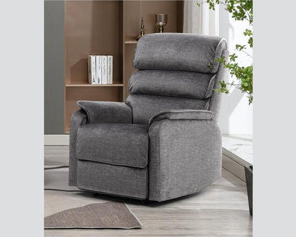 Savoy armchair Power Recliner Set.  A full fabric suite in soft touch grey fabric.  high headrest offers neck support. A USB socket is included in the touch panel 