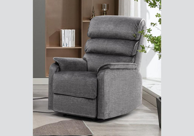 Savoy armchair Power Recliner Set.  A full fabric suite in soft touch grey fabric.  high headrest offers neck support. A USB socket is included in the touch panel 