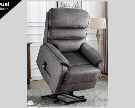 Savoy rise and recline/liftand tilt Power Recliner armchair.  A full fabric suite in soft touch grey fabric.  high headrest offers neck support. A USB socket is included in the touch panel 