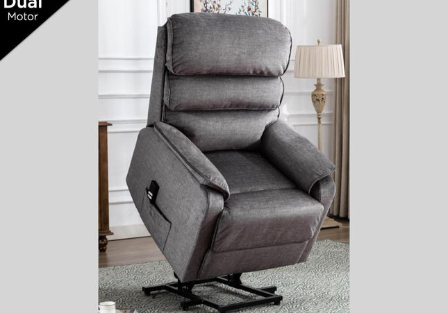 Savoy rise and recline/liftand tilt Power Recliner armchair.  A full fabric suite in soft touch grey fabric.  high headrest offers neck support. A USB socket is included in the touch panel 