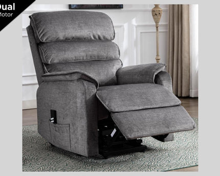 Savoy armchair Power Recliner Set.  A full fabric suite in soft touch grey fabric.  high headrest offers neck support. A USB socket is included in the touch panel 