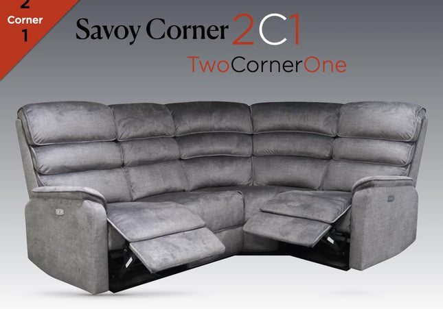 Savoy power recliner 2c1 set.  A full fabric suite in soft touch grey coloured fabric.  high headrest offers neck support. A USB socket is included in the touch panel. Plus you can add a consol with drinks holder 