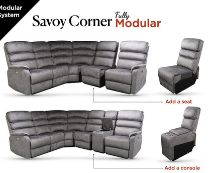 Savoy power recliner corner set.  A full fabric suite in soft touch grey coloured fabric.  high headrest offers neck support. A USB socket is included in the touch panel. Plus you can add a consol with drinks holder 