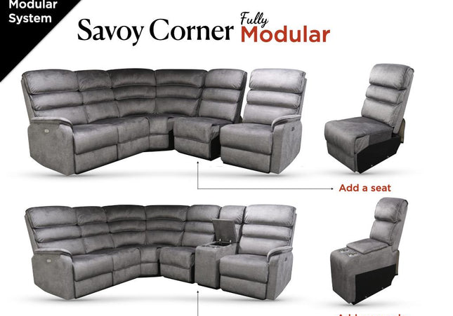 Savoy power recliner corner set.  A full fabric suite in soft touch grey coloured fabric.  high headrest offers neck support. A USB socket is included in the touch panel. Plus you can add a consol with drinks holder 