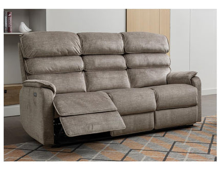 Savoy 3 Seater Power Recliner Set.  A full fabric suite in soft touch Taupe coloured fabric.  high headrest offers neck support. A USB socket is included in the touch panel 