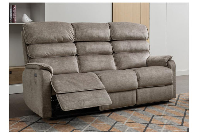 Savoy 3 Seater Power Recliner Set.  A full fabric suite in soft touch Taupe coloured fabric.  high headrest offers neck support. A USB socket is included in the touch panel 