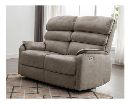 Savoy 2 Seater Power Recliner Set.  A full fabric suite in soft touch Taupe coloured fabric.  high headrest offers neck support. A USB socket is included in the touch panel 