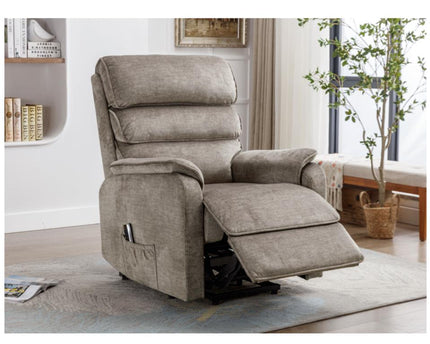 Savoy rise and recline/lift and tilt duel moter Power Recliner armchair.  A full fabric suite in soft touch Taupe coloured fabric.  high headrest offers neck support. A USB socket is included in the touch panel 