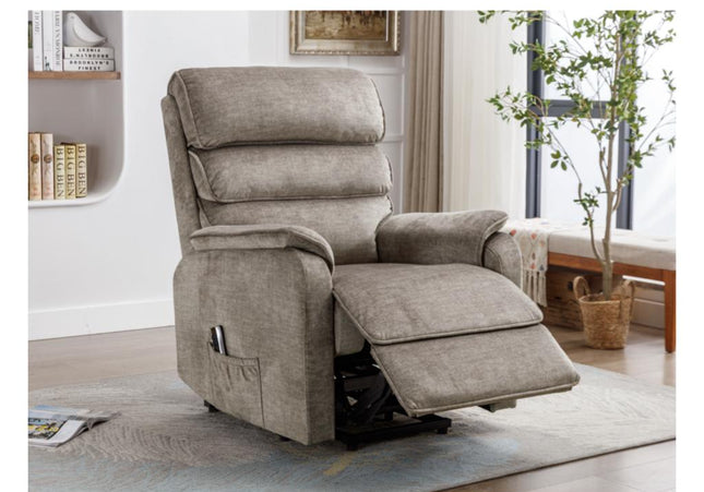 Savoy rise and recline/lift and tilt duel moter Power Recliner armchair.  A full fabric suite in soft touch Taupe coloured fabric.  high headrest offers neck support. A USB socket is included in the touch panel 