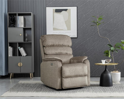 Savoy armchair Power Recliner Set.  A full fabric suite in soft touch Taupe coloured fabric.  high headrest offers neck support. A USB socket is included in the touch panel 