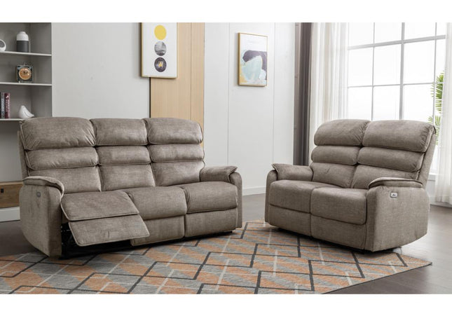 Savoy 3+2 Seat Power Recliner Set.  A full fabric suite in soft touch Taupe coloured fabric.  high headrest offers neck support. A USB socket is included in the touch panel 