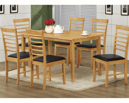 A light oak dining set consisting of a rectangular table and six chairs with black PU seat pads, 