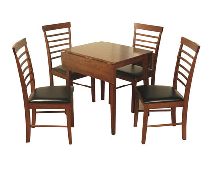 A solid hardwood dining table with a dark oak finish, accompanied by four dining chairs with PU seat pads. The table has a drop leaf design.