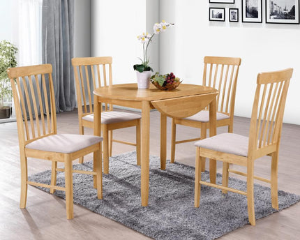 A wooden round dining table with a drop-leaf design, accompanied by four chairs with a cream color seat padding. The chairs have a wooden structure and a slatted backrest.
