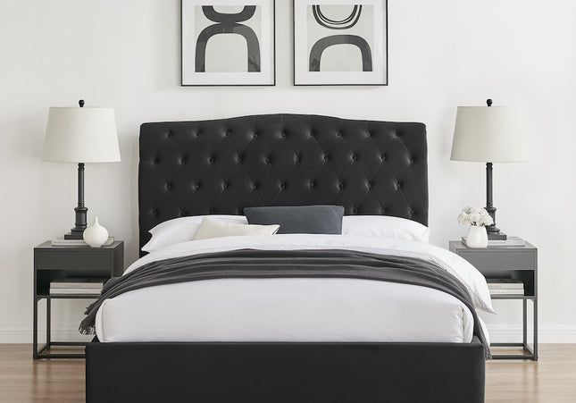 A black upholstered double or king-size bed with a button style headboard, wooden feet, and a white mattress, 